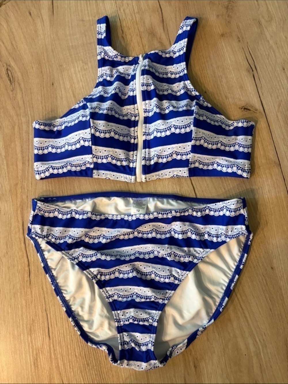 Venus Royal Blue White Lace Stripe High Neck Zip Front Bikini Set Size 12